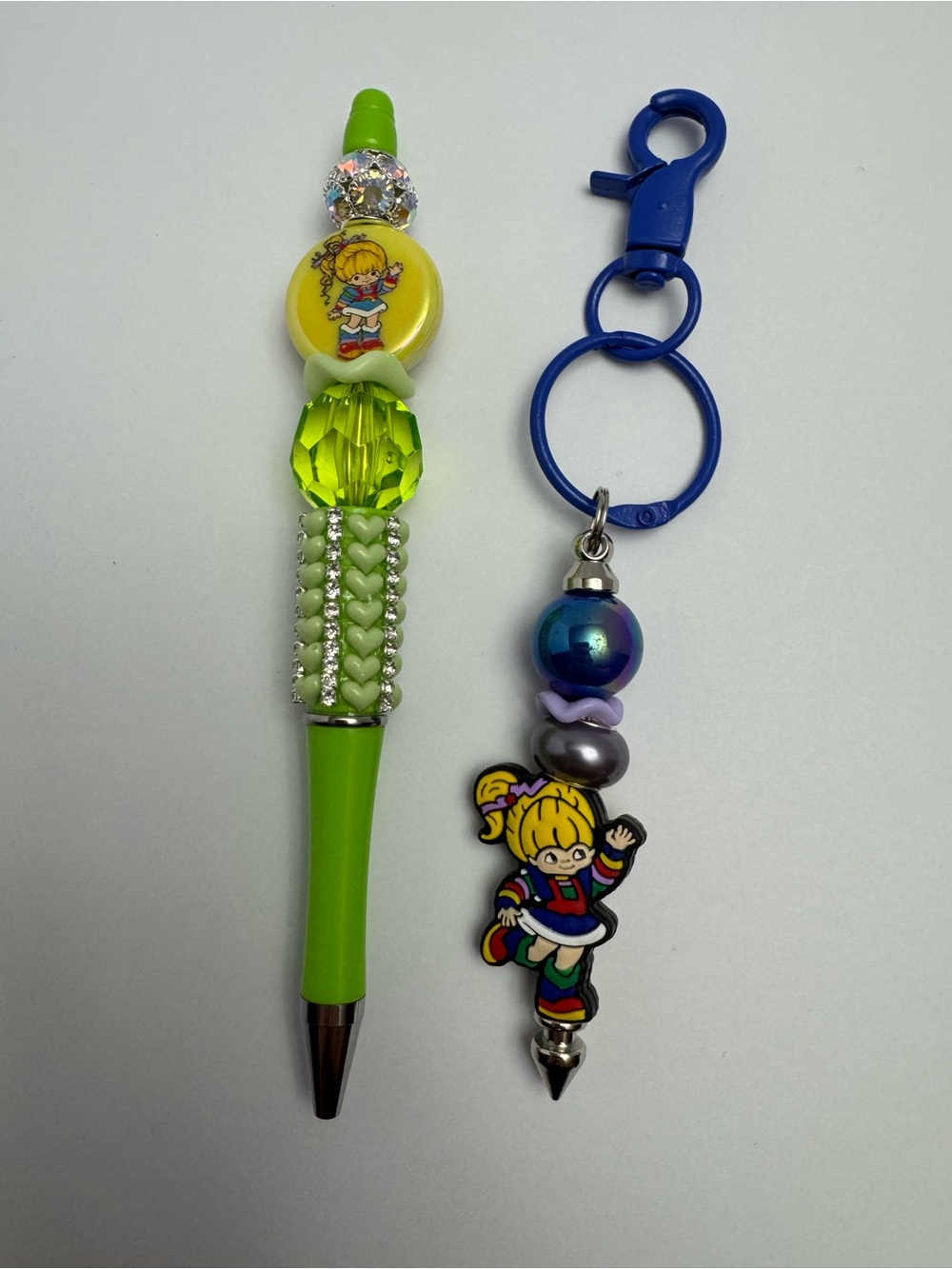 Green Beaded Rainbow Bright Pen and Charm Keychain - Cute Girl Design
